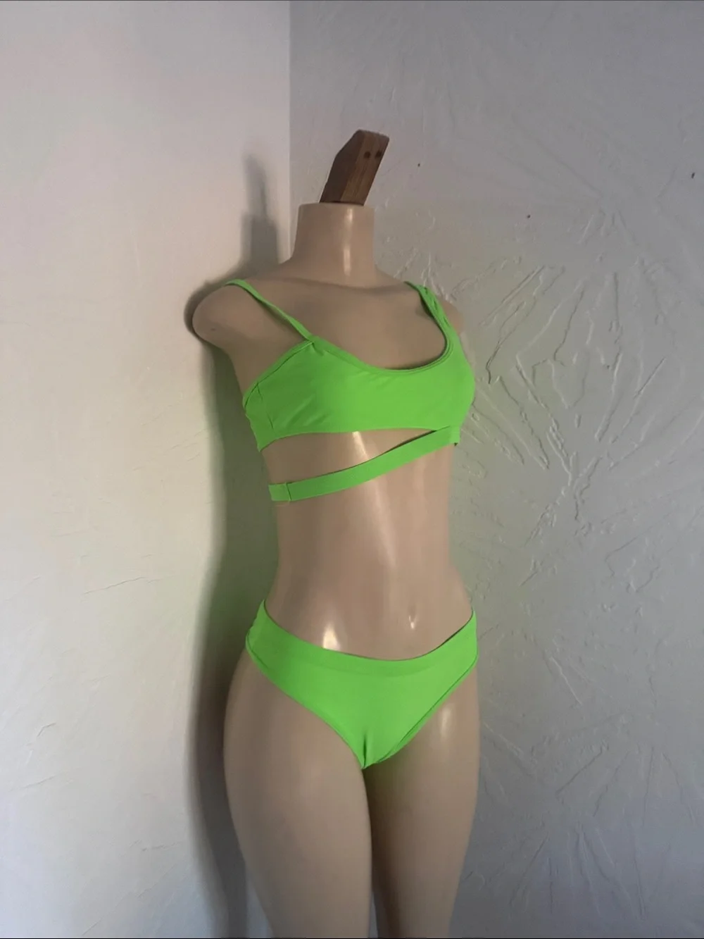 Neon Green Asymmetric Cutout Bikini Set - Women Swim S